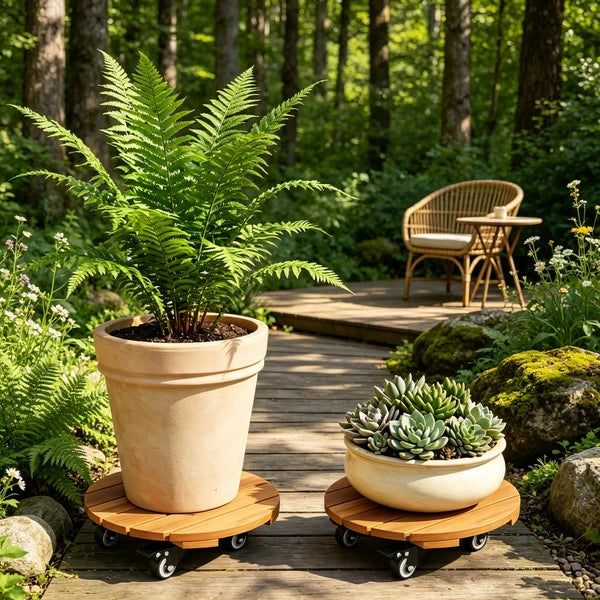 Heavy Duty Acacia Wood Rolling Plant Stand with 360° Lockable Casters, Mobile Plant Caddy for Home & Garden