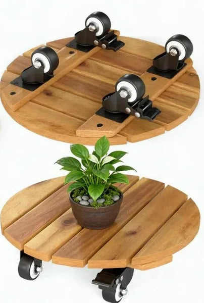 Heavy Duty Acacia Wood Rolling Plant Stand with 360° Lockable Casters, Mobile Plant Caddy for Home & Garden