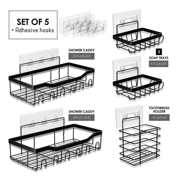 Heavy Duty No Drill Shower Caddy 5 Pack, Adhesive Wall Mounted Bathroom Storage Organizer Rack for Toiletries