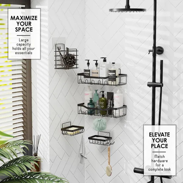 Heavy Duty No Drill Shower Caddy 5 Pack, Adhesive Wall Mounted Bathroom Storage Organizer Rack for Toiletries
