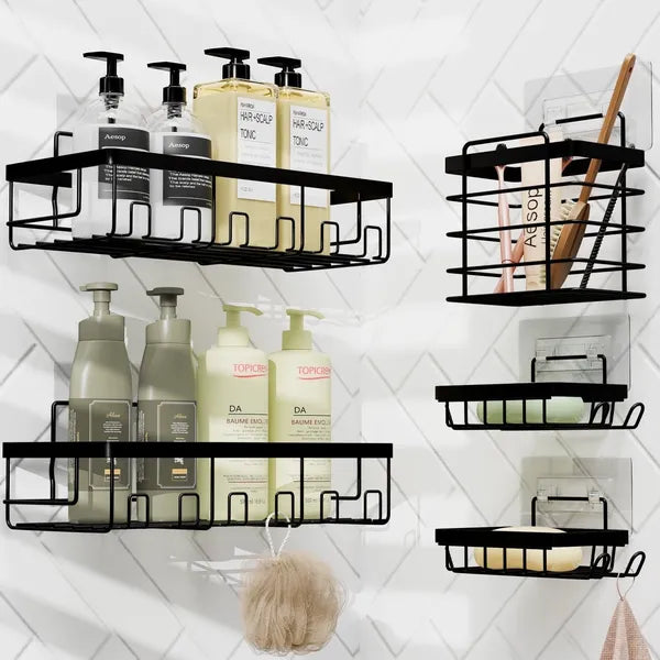 Heavy Duty No Drill Shower Caddy 5 Pack, Adhesive Wall Mounted Bathroom Storage Organizer Rack for Toiletries