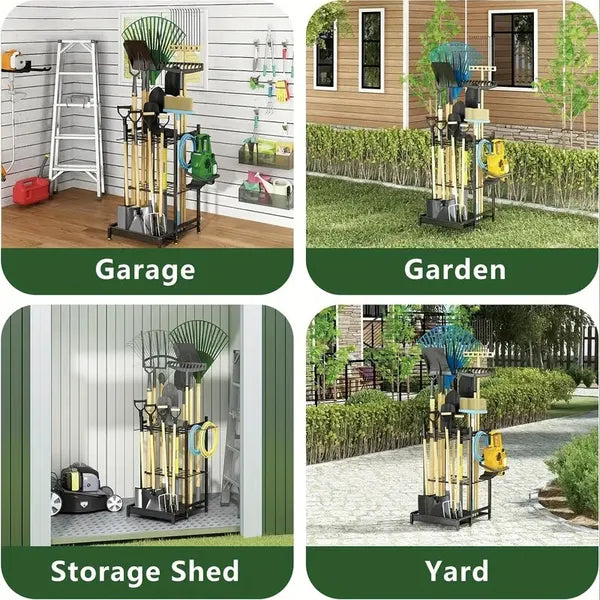 Heavy Duty Garden Tool Storage Rack, Freestanding Metal Yard Tool Organizer with Wheels for Shovel, Rake & Long Handled Tools