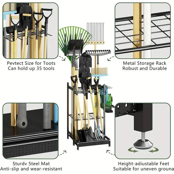 Heavy Duty Garden Tool Storage Rack, Freestanding Metal Yard Tool Organizer with Wheels for Shovel, Rake & Long Handled Tools