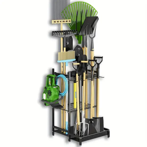 Heavy Duty Garden Tool Storage Rack, Freestanding Metal Yard Tool Organizer with Wheels for Shovel, Rake & Long Handled Tools