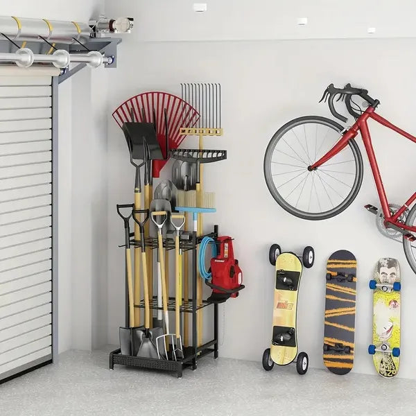 Heavy Duty Garden Tool Storage Rack, Freestanding Metal Yard Tool Organizer with Wheels for Shovel, Rake & Long Handled Tools