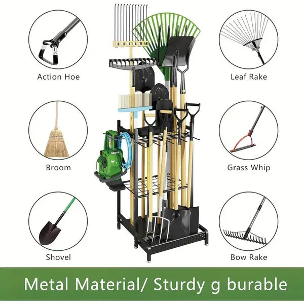 Heavy Duty Garden Tool Storage Rack, Freestanding Metal Yard Tool Organizer with Wheels for Shovel, Rake & Long Handled Tools