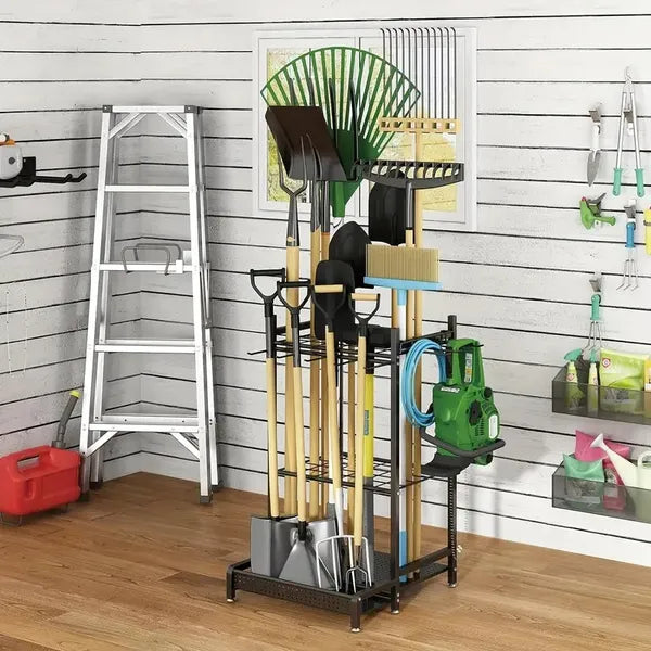 Heavy Duty Garden Tool Storage Rack, Freestanding Metal Yard Tool Organizer with Wheels for Shovel, Rake & Long Handled Tools