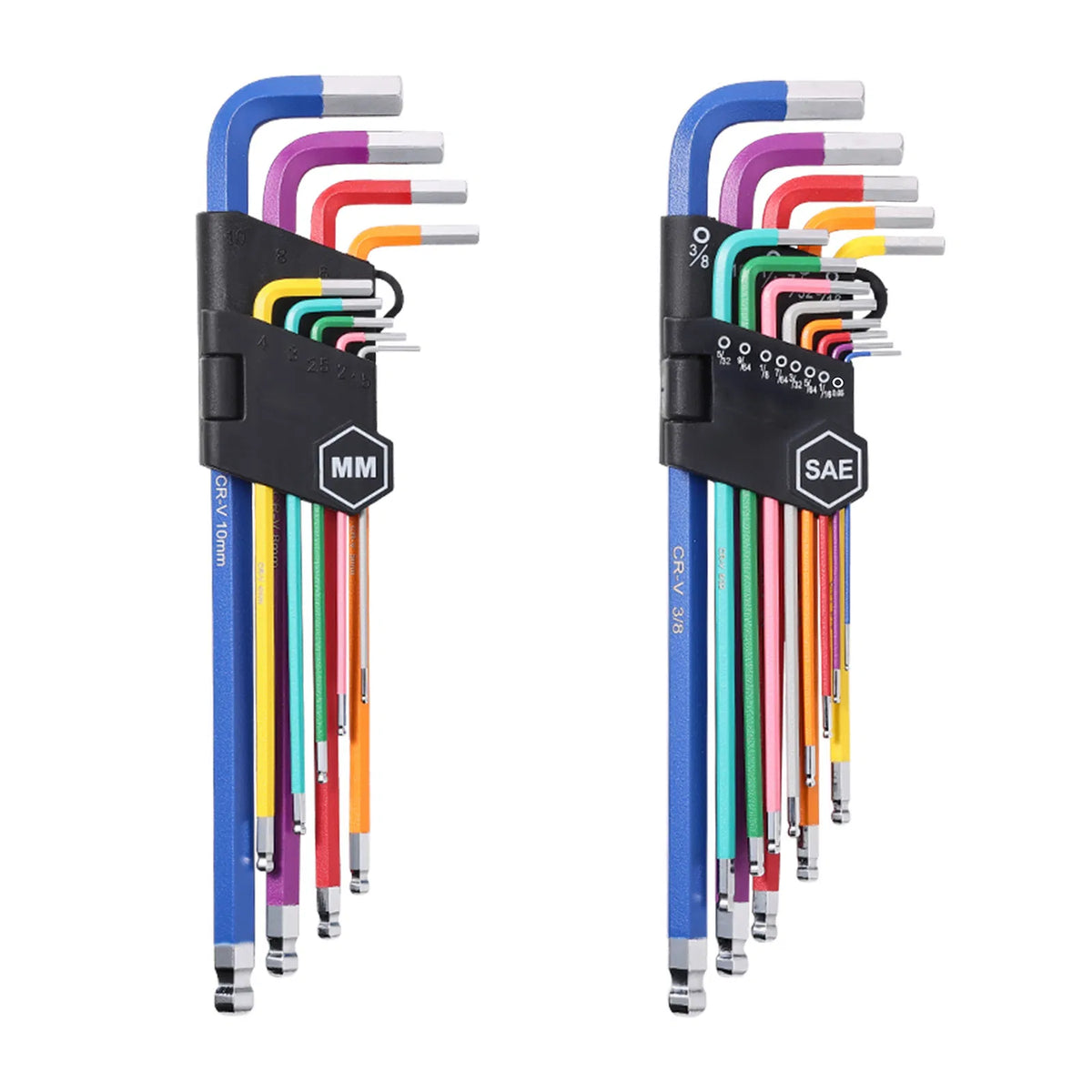 22‑Piece Color‑Coded Hex Key Allen Wrench Set, Metric & SAE Ball‑End Long Arm L‑Keys with Foldable Storage Holder for Repair Work