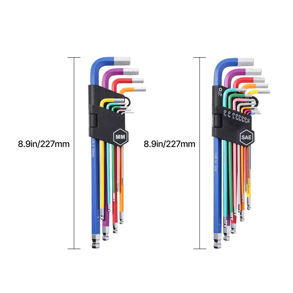 22‑Piece Color‑Coded Hex Key Allen Wrench Set, Metric & SAE Ball‑End Long Arm L‑Keys with Foldable Storage Holder for Repair Work