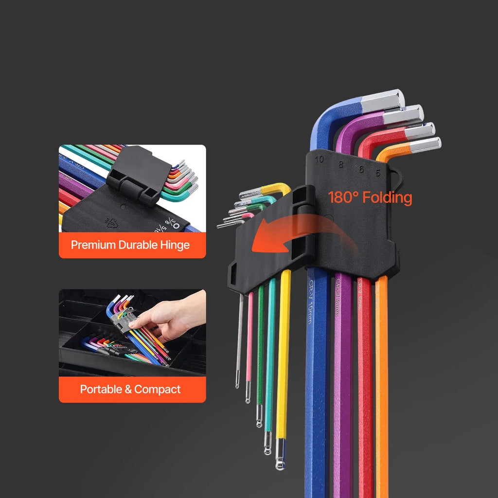 22‑Piece Color‑Coded Hex Key Allen Wrench Set, Metric & SAE Ball‑End Long Arm L‑Keys with Foldable Storage Holder for Repair Work