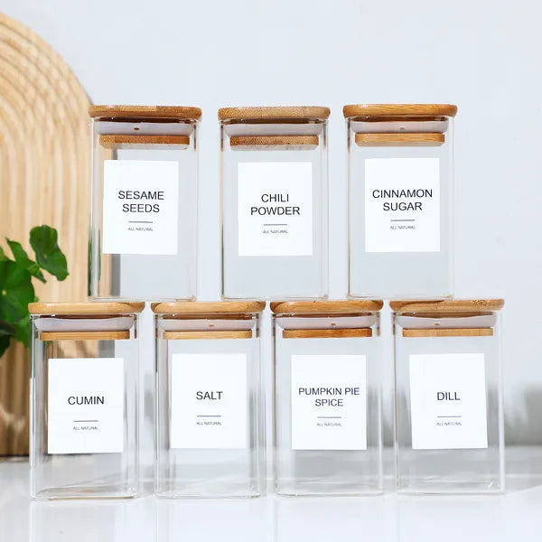 Aeelleea 24 Pack 8oz Borosilicate Glass Spice Jars with Bamboo Lids, Square Seasoning Containers with 92 Labels for Kitchen Pantry Storage
