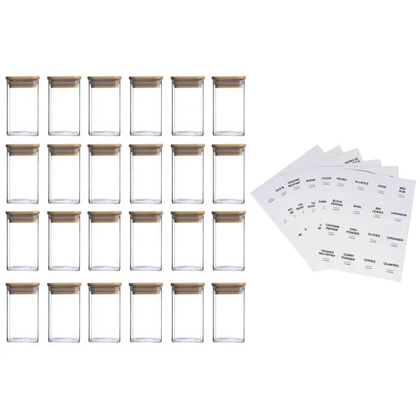 Aeelleea 24 Pack 8oz Borosilicate Glass Spice Jars with Bamboo Lids, Square Seasoning Containers with 92 Labels for Kitchen Pantry Storage