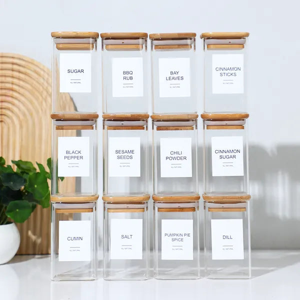 Aeelleea 24 Pack 8oz Borosilicate Glass Spice Jars with Bamboo Lids, Square Seasoning Containers with 92 Labels for Kitchen Pantry Storage