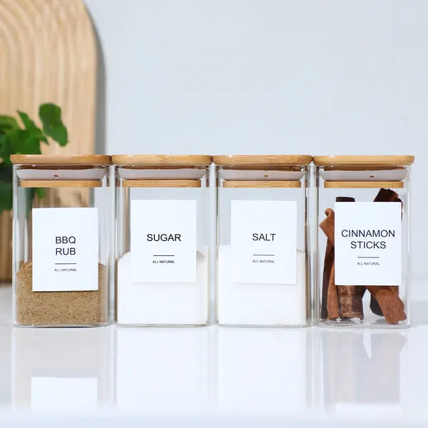 Aeelleea 24 Pack 8oz Borosilicate Glass Spice Jars with Bamboo Lids, Square Seasoning Containers with 92 Labels for Kitchen Pantry Storage