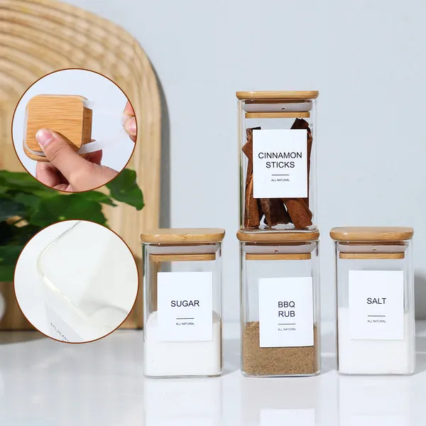 Aeelleea 24 Pack 8oz Borosilicate Glass Spice Jars with Bamboo Lids, Square Seasoning Containers with 92 Labels for Kitchen Pantry Storage