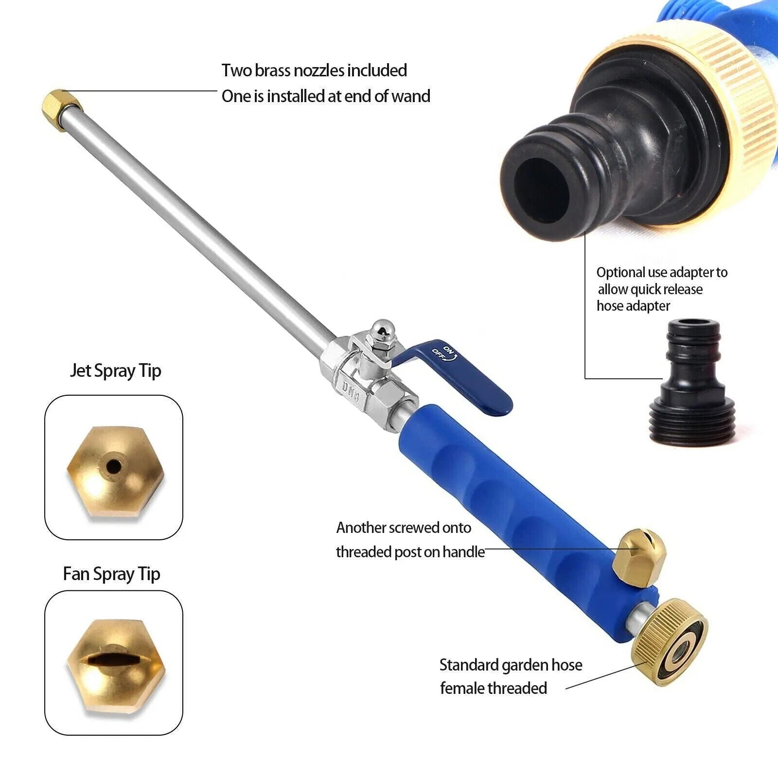 High Pressure Garden Water Wand, 18.3 Inch Long Aluminum Water Sprayer with 2 Brass Nozzles, On‑Off Control Valve, Quick Connect Adapter for Car Washing Patio Yard Cleaning