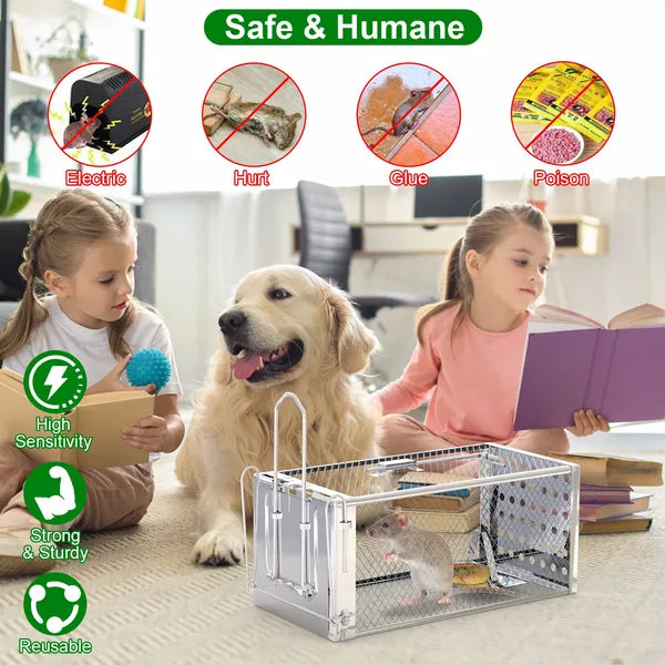 Humane Rat Trap Cage – Stainless Steel Live Catch & Release, High-Sensitivity Auto-Lock Door, Indoor/Outdoor, Reusable
