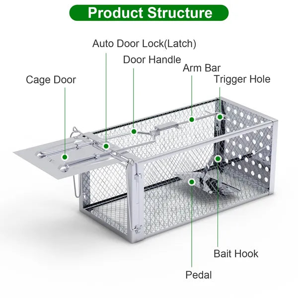 Humane Rat Trap Cage – Stainless Steel Live Catch & Release, High-Sensitivity Auto-Lock Door, Indoor/Outdoor, Reusable