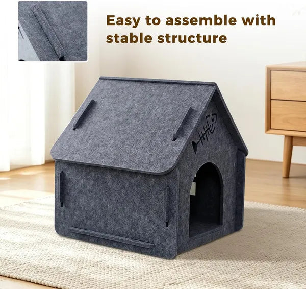Aeelleea Grey Foldable Felt Cat Cave Bed 18"x15"x17", Breathable Hideout with Arched Entrance for Kittens & Multi-Cat Family