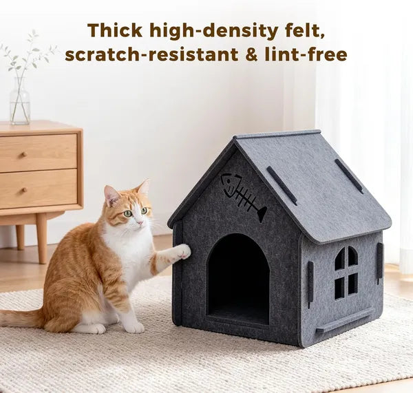 Aeelleea Grey Foldable Felt Cat Cave Bed 18"x15"x17", Breathable Hideout with Arched Entrance for Kittens & Multi-Cat Family