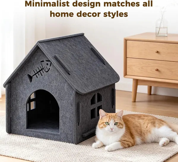 Aeelleea Grey Foldable Felt Cat Cave Bed 18"x15"x17", Breathable Hideout with Arched Entrance for Kittens & Multi-Cat Family