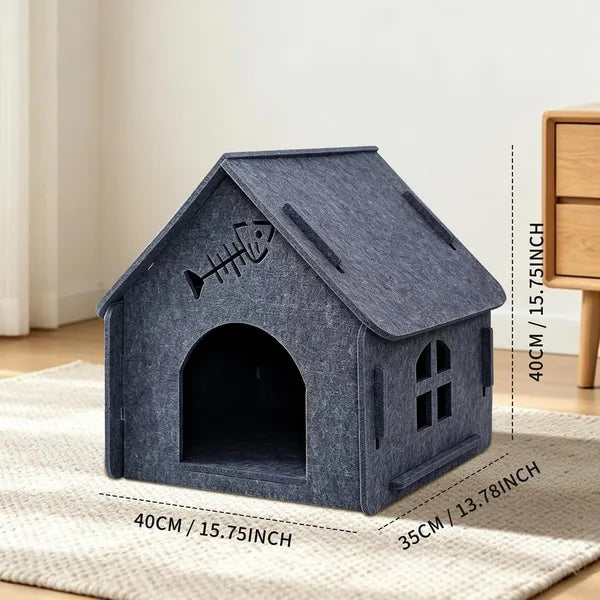 Aeelleea Grey Foldable Felt Cat Cave Bed 18"x15"x17", Breathable Hideout with Arched Entrance for Kittens & Multi-Cat Family