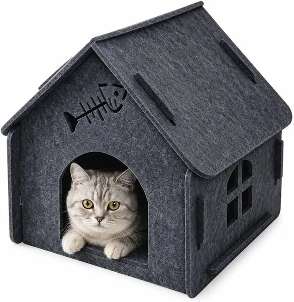 Aeelleea Grey Foldable Felt Cat Cave Bed 18"x15"x17", Breathable Hideout with Arched Entrance for Kittens & Multi-Cat Family