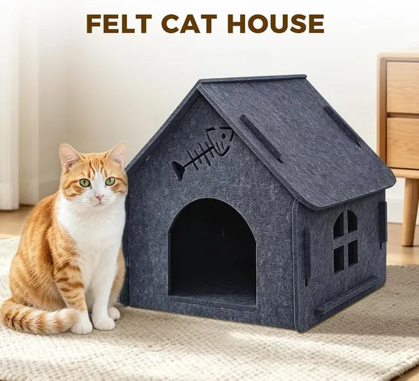 Aeelleea Grey Foldable Felt Cat Cave Bed 18"x15"x17", Breathable Hideout with Arched Entrance for Kittens & Multi-Cat Family
