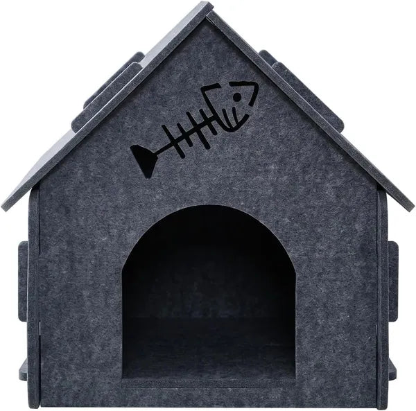 Aeelleea Grey Foldable Felt Cat Cave Bed 18"x15"x17", Breathable Hideout with Arched Entrance for Kittens & Multi-Cat Family