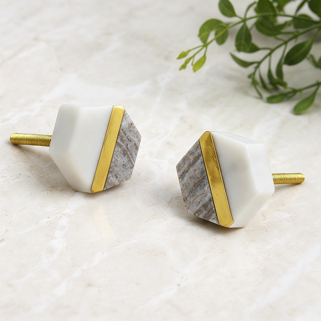 Natural Stone Hexagon Cabinet Knob with Gold Accent, Decorative Drawer and Dresser Furniture Hardware, White and Gray