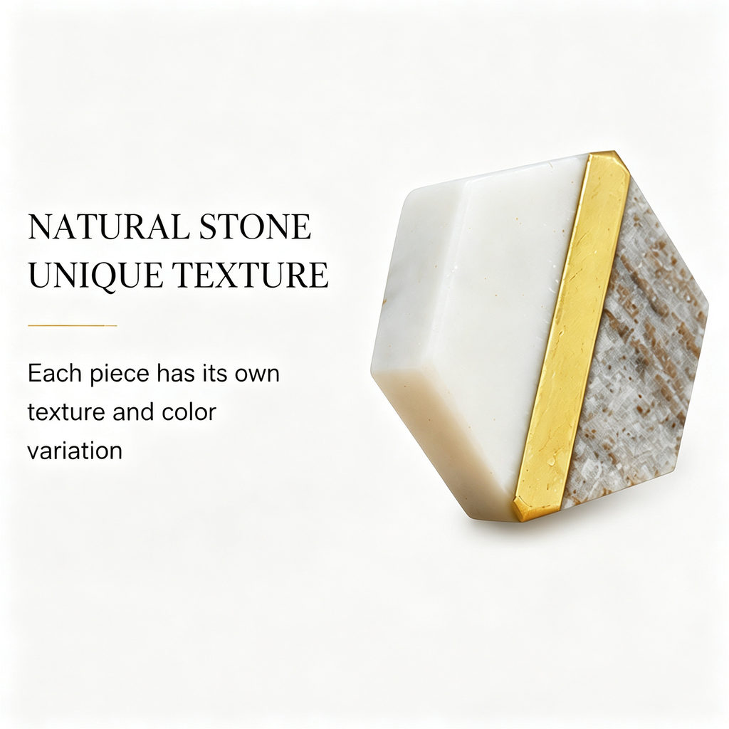Natural Stone Hexagon Cabinet Knob with Gold Accent, Decorative Drawer and Dresser Furniture Hardware, White and Gray
