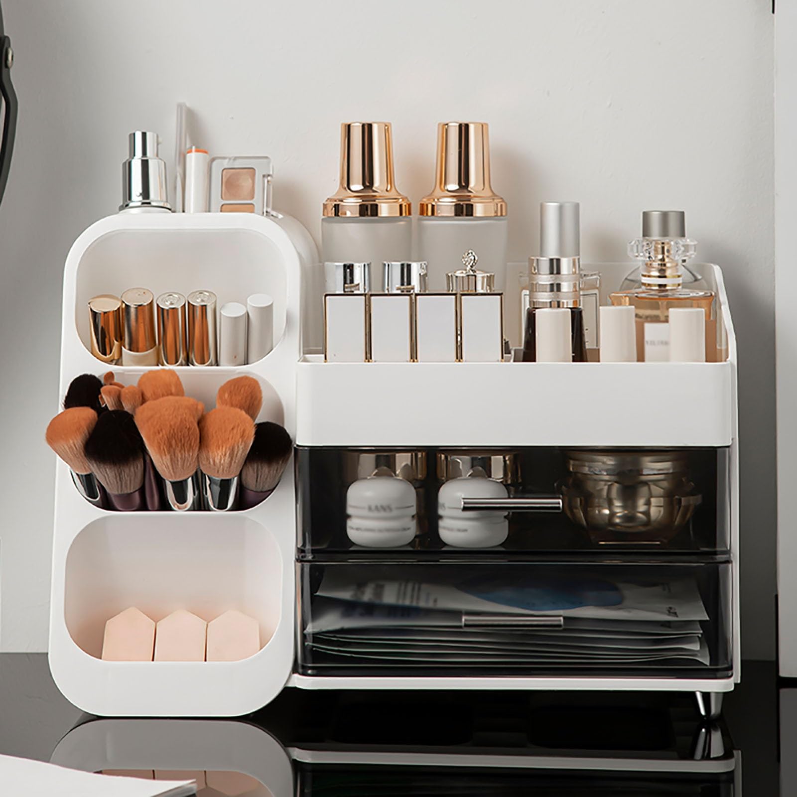 AEELLEEA Large Capacity Makeup Organizer for Vanity, Bathroom Countertop Cosmetic Organizer with Makeup Brush Holder, Skincare & Perfume Storage, Thickened Material