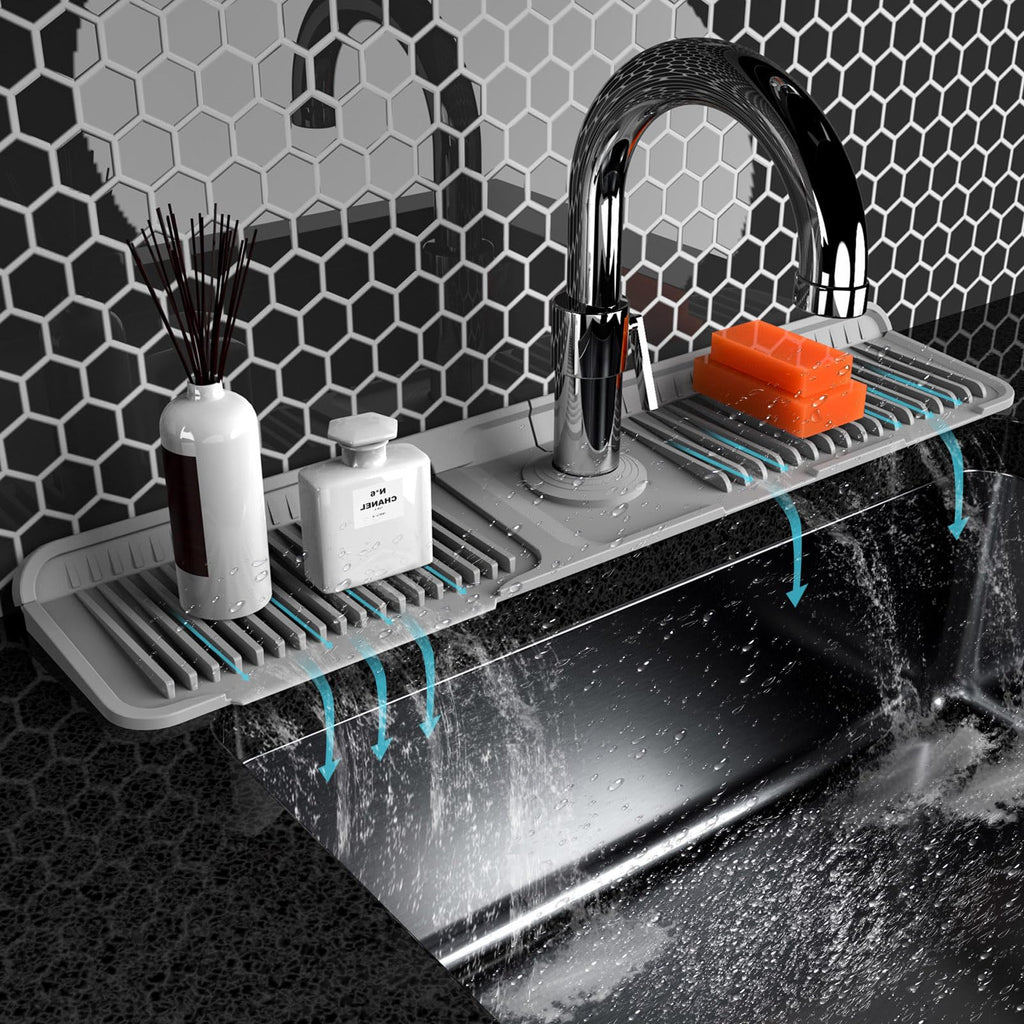 Folding Kitchen Sink Splash Guard Behind Faucet, Adjustable Silicone Sink Faucet Mat, 5°Slope Quick Draining Drip Catcher Tray with Button Lock & Foldable Width, Universal Fit for Kitchen Bathroom RV Sink Accessories