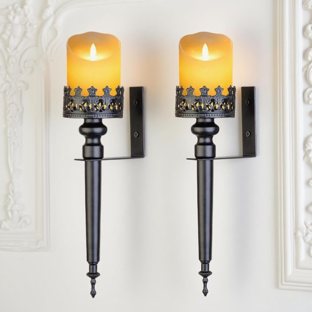 Set of 2 Wall Sconce Candle Holders, Scepter Design Metal Wall-Mounted Candle Holders, Black, Home Decor for Living Room, Bathroom & Dining Room