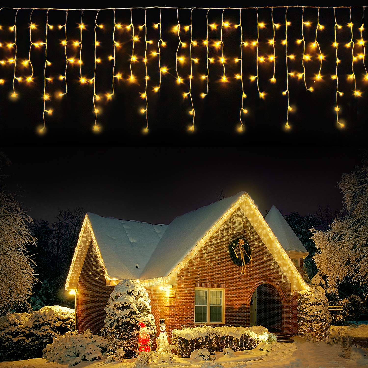 LED Icicle Lights, 98.4 ft 1216 LED 8 Modes Curtain Fairy String Lights, Warm White, Indoor Outdoor Decor for Christmas Halloween Thanksgiving Easter Wedding Party Gazebo