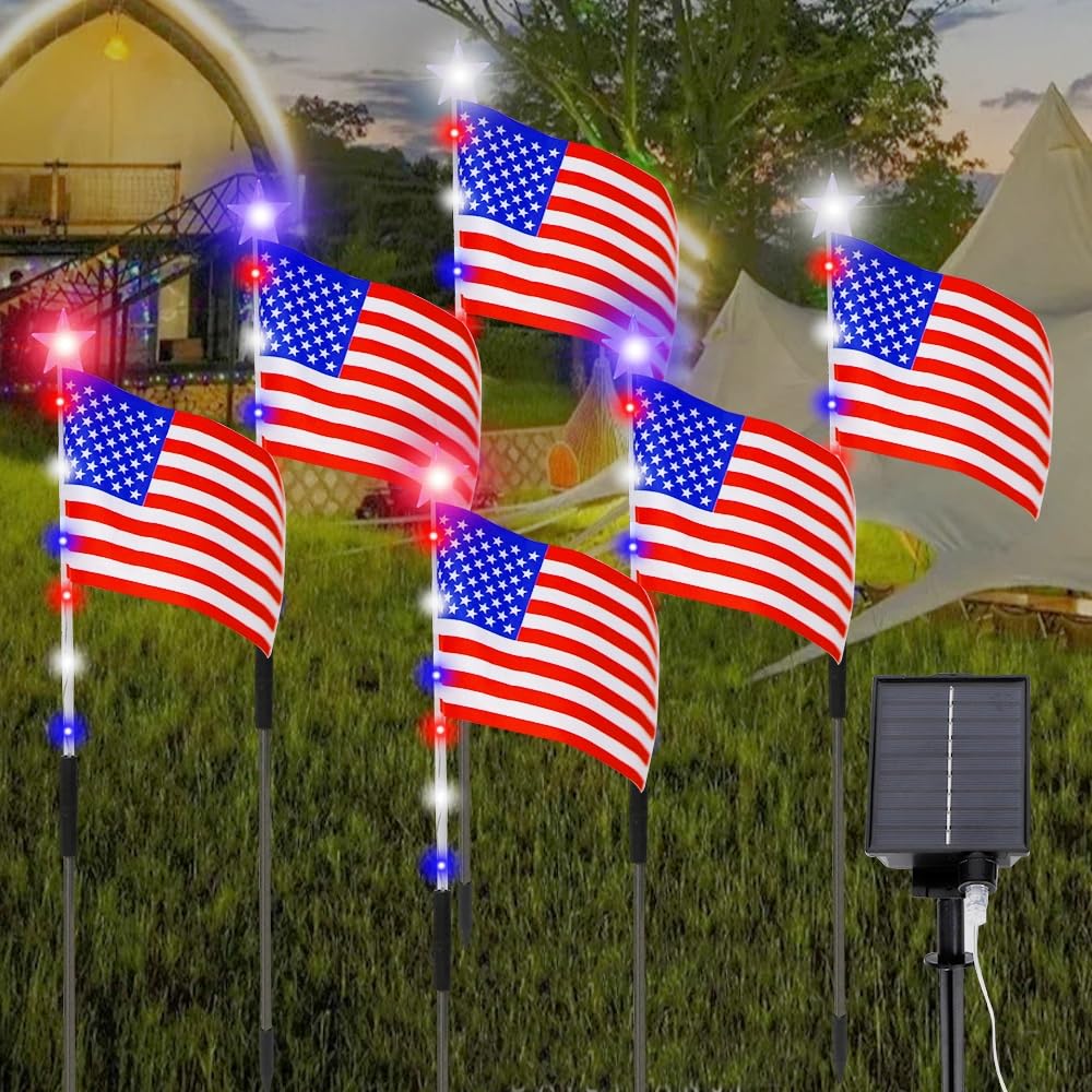 6 Pack American Flag Pathway Decorations, Red White and Blue 4th of July Decor for Memorial Day, Independence Day Garden Yard Walkway