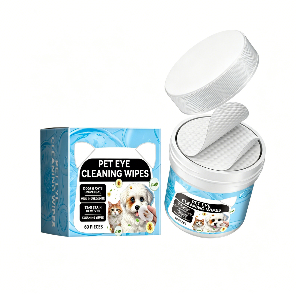 60ct Pet Eye Cleaning Wipes for Dogs and Cats - Gentle Tear Stain Remover, Mild Formula