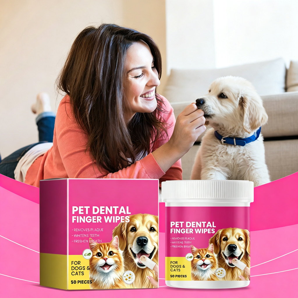 Pet Dental Finger Wipes for Dogs & Cats, 50 Count Gentle Oral Cleaning Wipes, Remove Plaque, Freshen Breath, Natural Aloe & Chamomile for Pet Teeth Gum Care