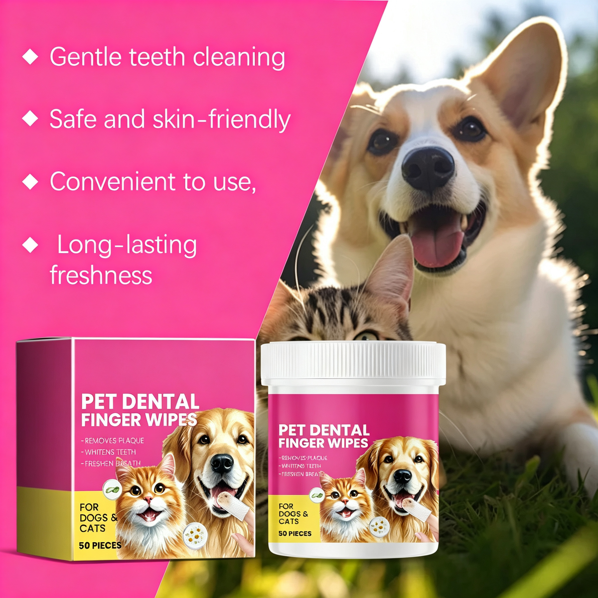 Pet Dental Finger Wipes for Dogs & Cats, 50 Count Gentle Oral Cleaning Wipes, Remove Plaque, Freshen Breath, Natural Aloe & Chamomile for Pet Teeth Gum Care