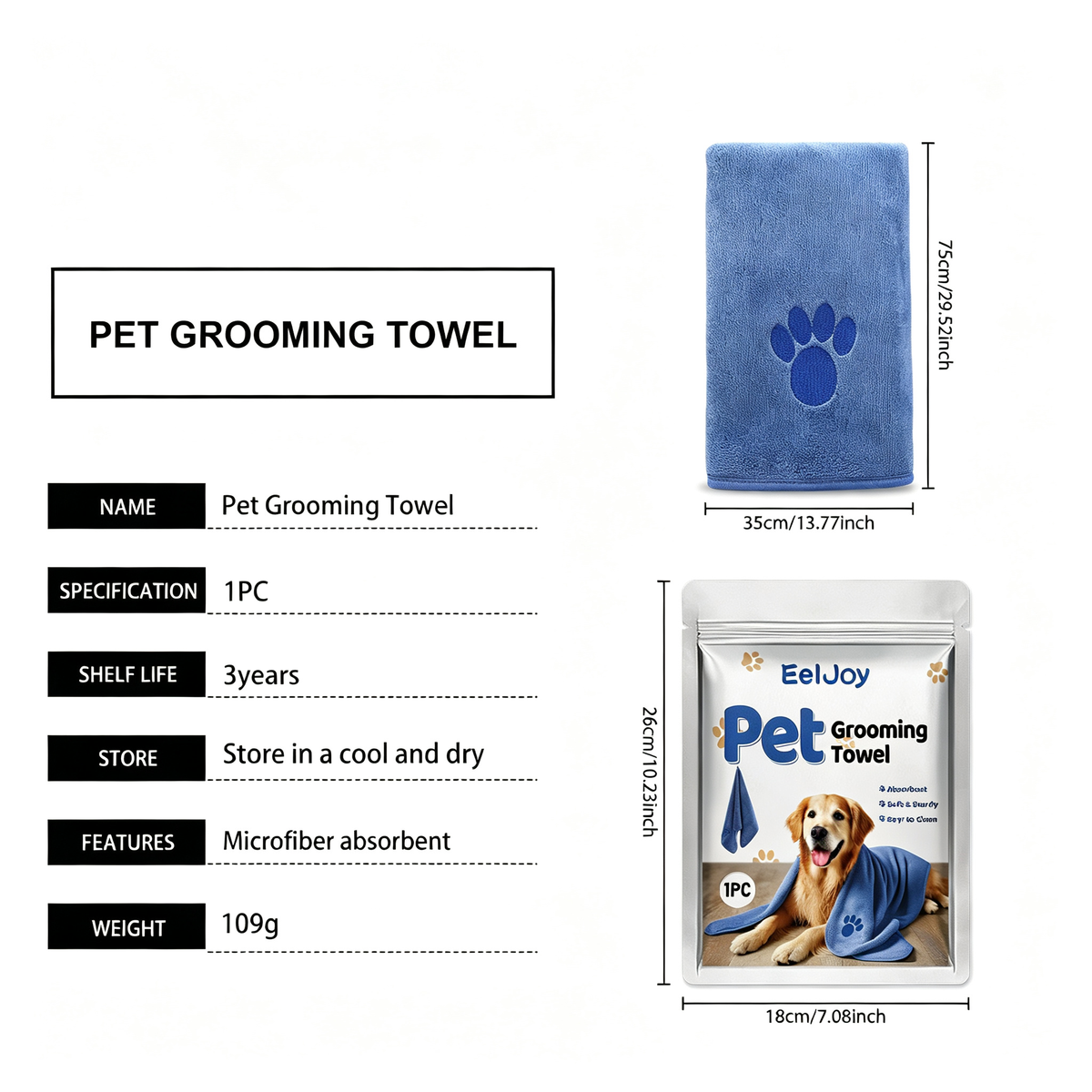 Microfiber Pet Grooming Towel for Dogs Cats, Super Absorbent Quick Drying Bath Towel, Soft Paw Embroidery Pet Shower Towel, 1 Pack