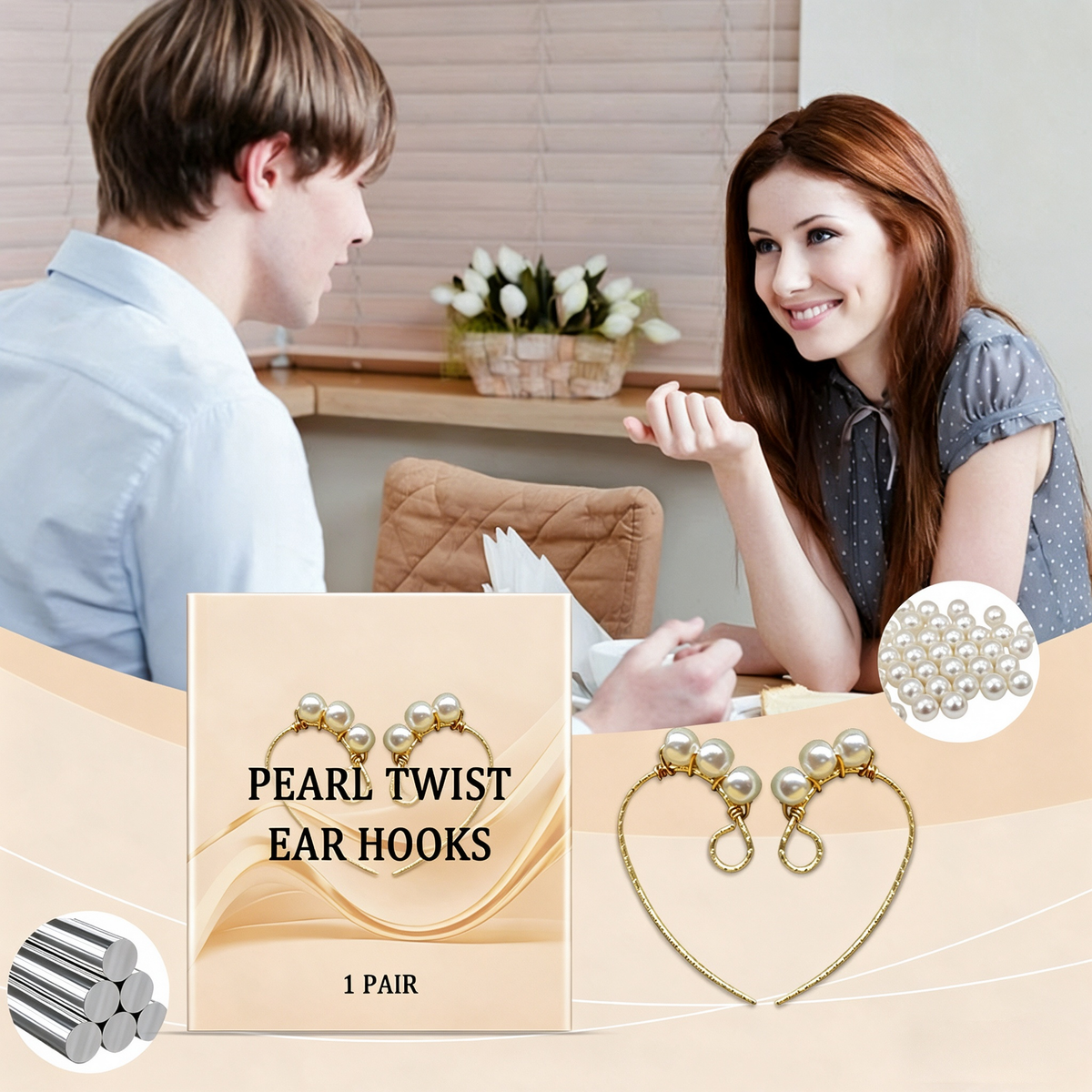 Gold Pearl Twist Ear Hooks for Women, Pearl Dangle Earrings, Jewelry for Wedding Bride, 1 Pair