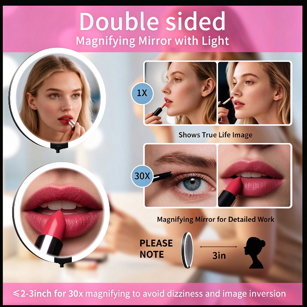AEELLEEA Lighted Makeup Mirror, 1X/30X Double Sided Vanity Mirror, 3 Color Lights, Foldable 360° Rotatable Tabletop Mirror, Black