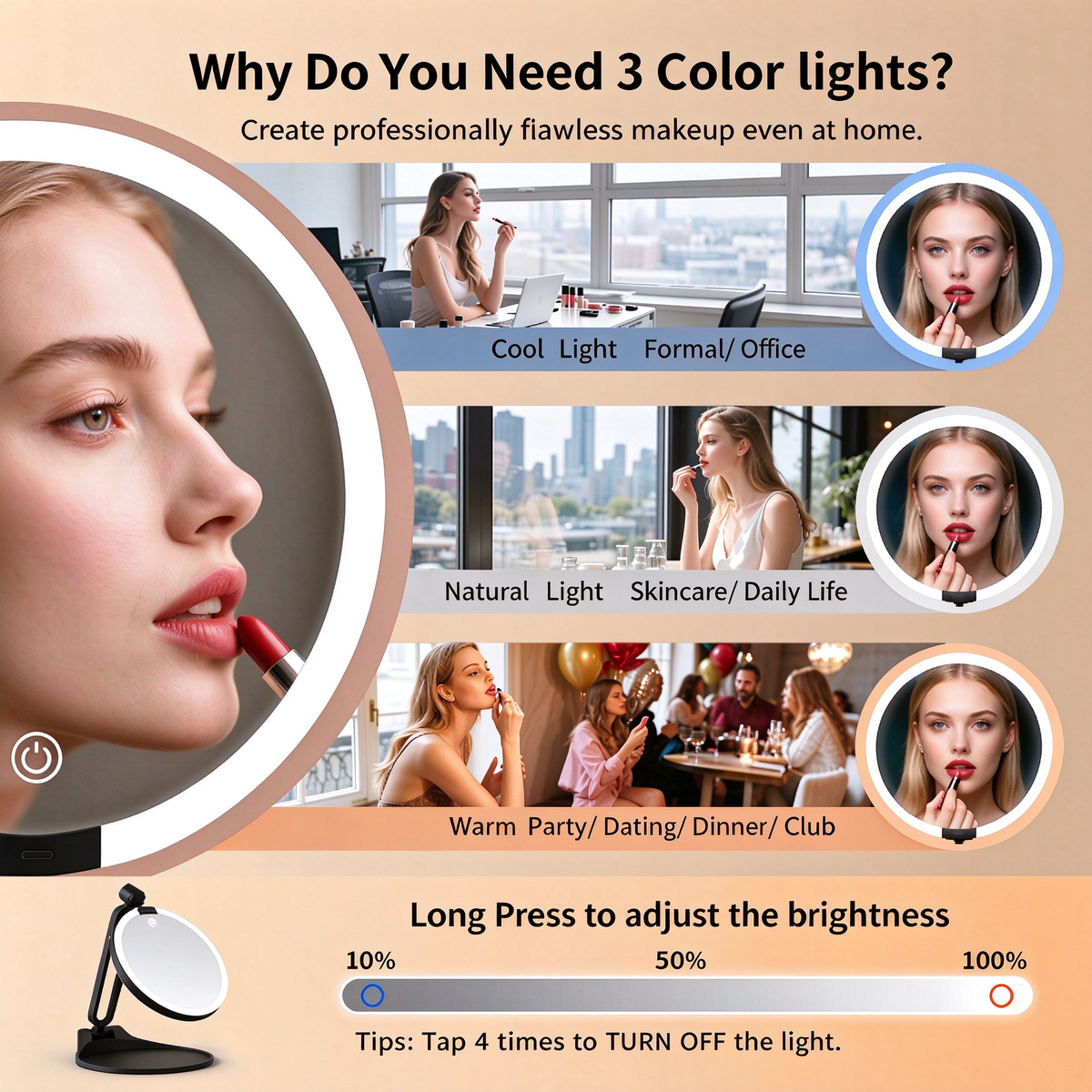 AEELLEEA Lighted Makeup Mirror, 1X/30X Double Sided Vanity Mirror, 3 Color Lights, Foldable 360° Rotatable Tabletop Mirror, Black