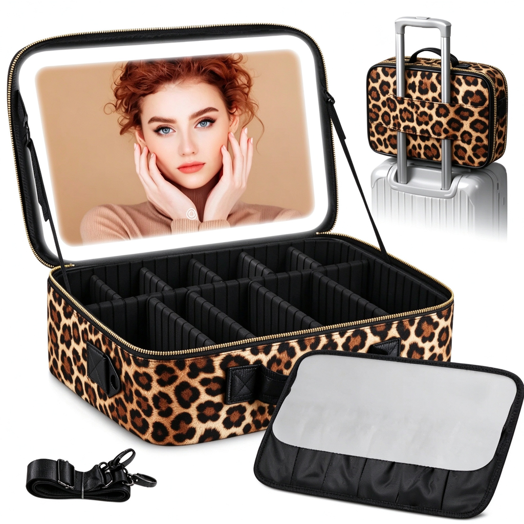 AEELLEEA Lighted Makeup Bag, 3 Color LED Mirror Train Case, Large Capacity Travel Makeup Organizer with Dividers, 15 x 11 x 5 Inch