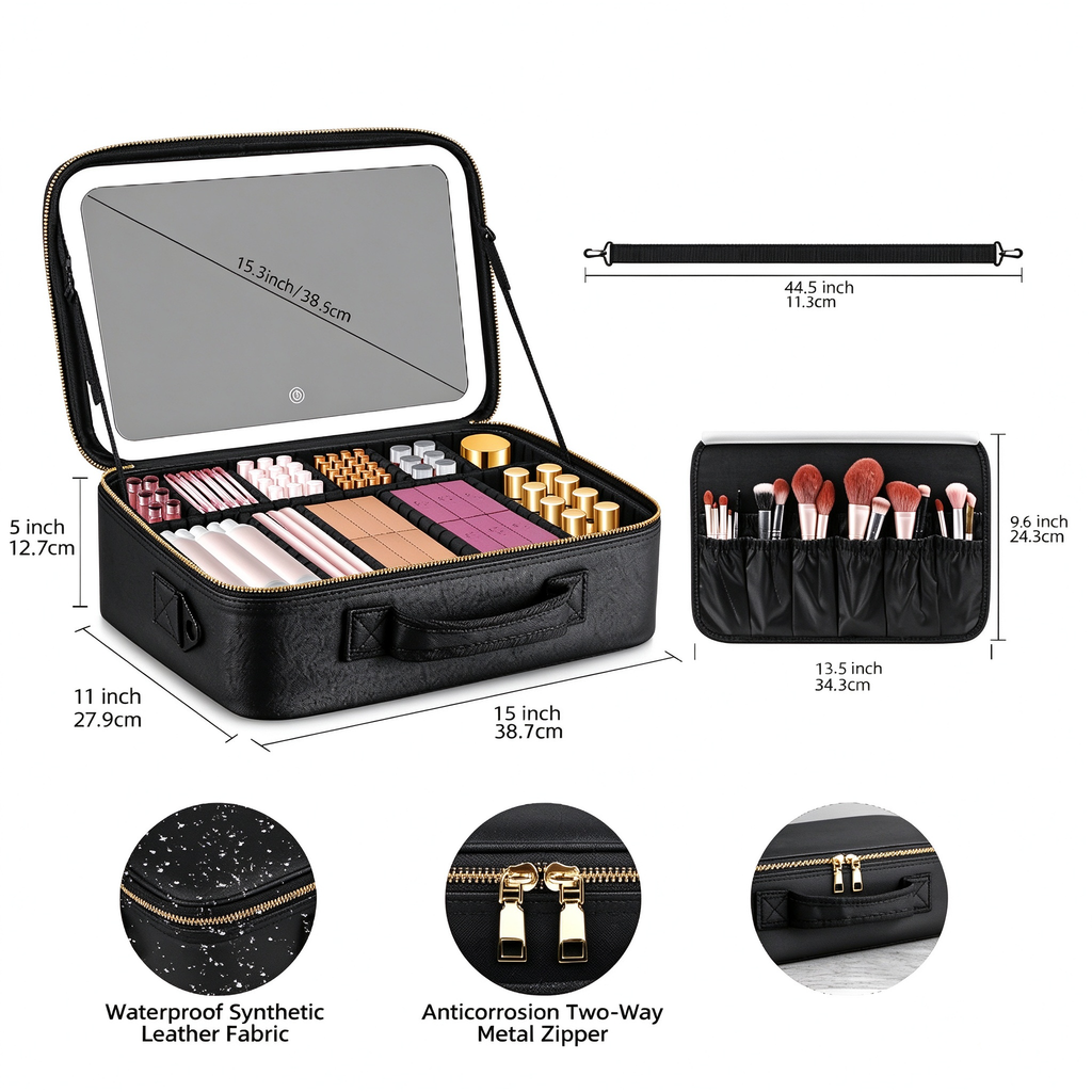 AEELLEEA Lighted Makeup Bag, 3 Color LED Mirror Train Case, Large Capacity Travel Makeup Organizer with Dividers, 15 x 11 x 5 Inch