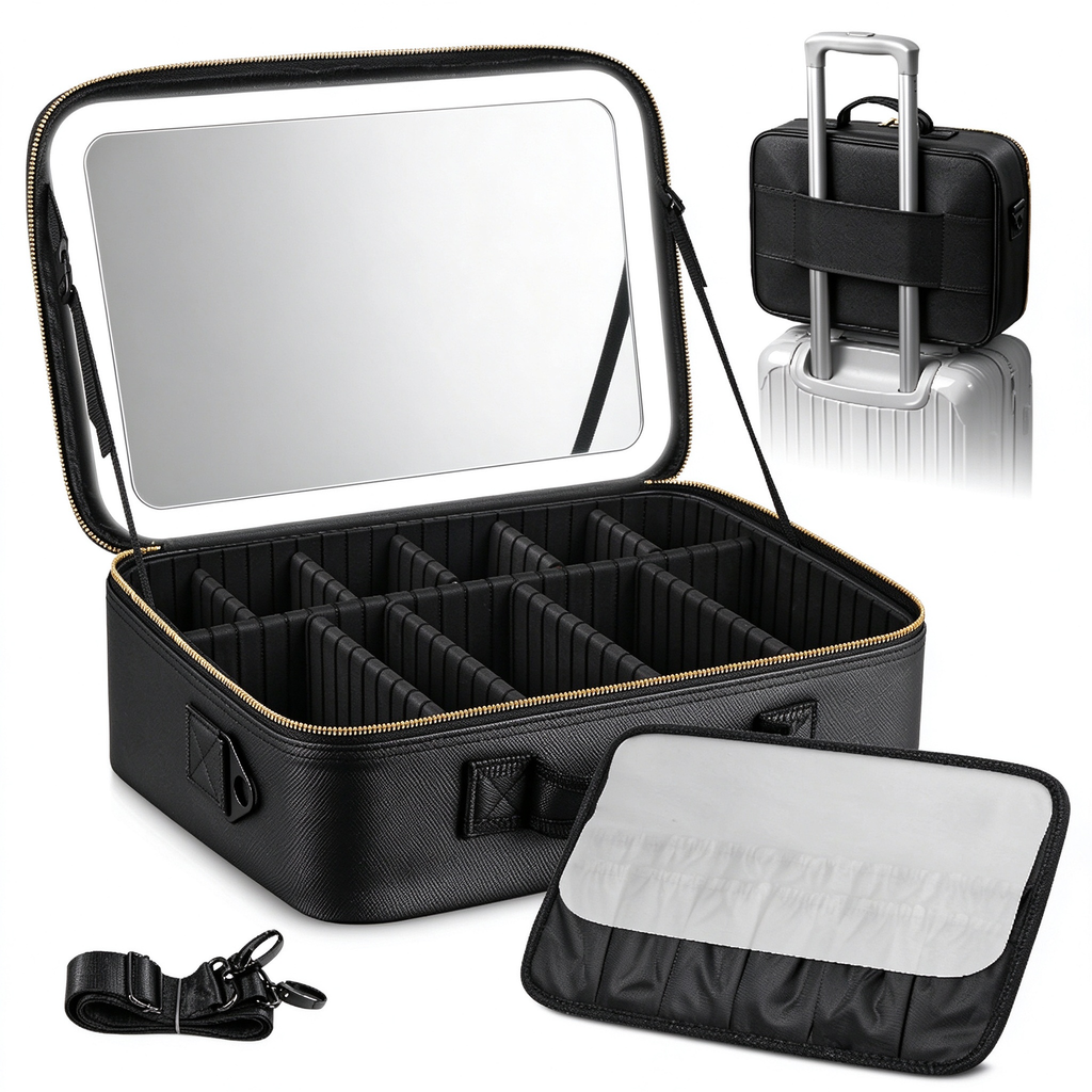 AEELLEEA Lighted Makeup Bag, 3 Color LED Mirror Train Case, Large Capacity Travel Makeup Organizer with Dividers, 15 x 11 x 5 Inch