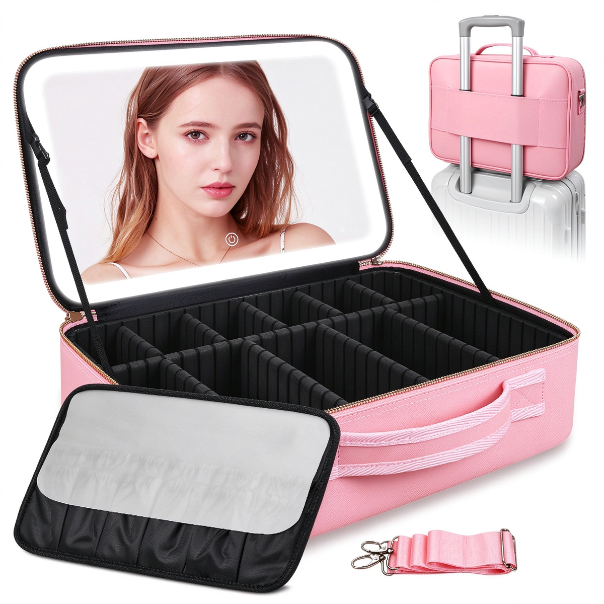 AEELLEEA Lighted Makeup Bag, 3 Color LED Mirror Train Case, Large Capacity Travel Makeup Organizer with Dividers, 15 x 11 x 5 Inch