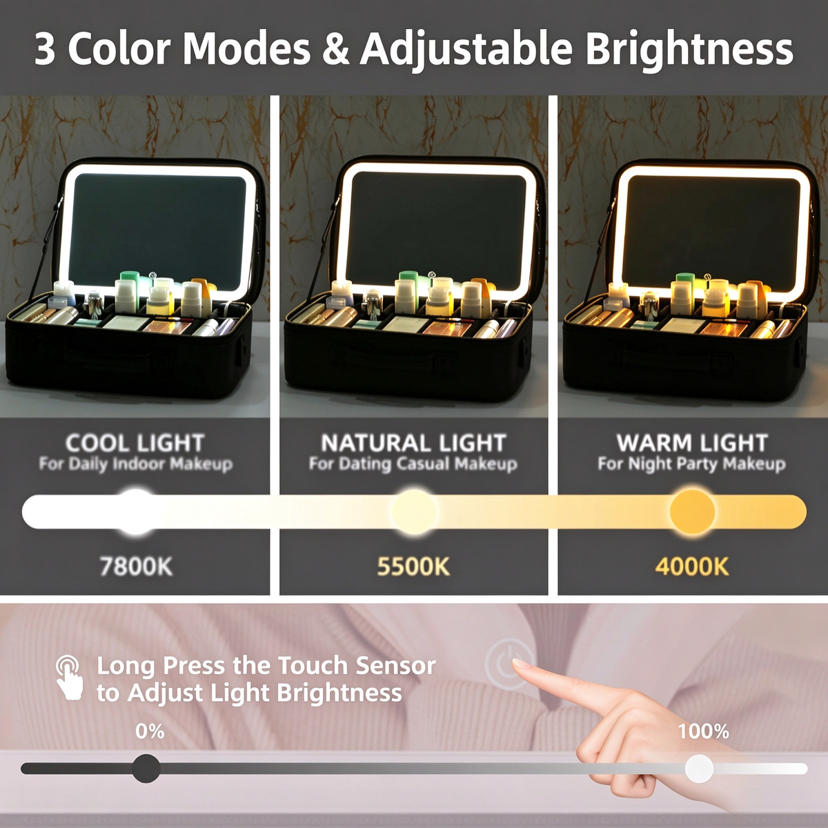 AEELLEEA Lighted Makeup Bag, 3 Color LED Mirror Train Case, Large Capacity Travel Makeup Organizer with Dividers, 15 x 11 x 5 Inch