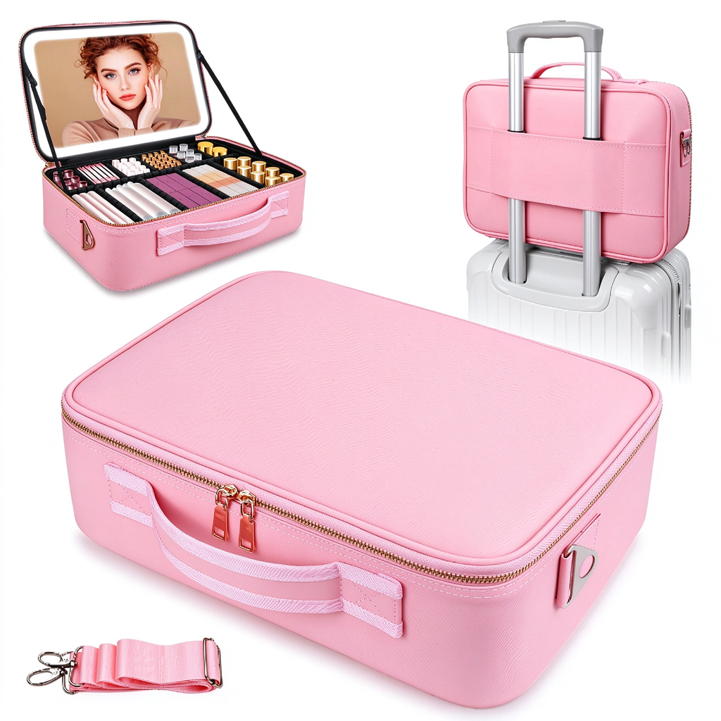 AEELLEEA Lighted Makeup Bag, 3 Color LED Mirror Train Case, Large Capacity Travel Makeup Organizer with Dividers, 15 x 11 x 5 Inch