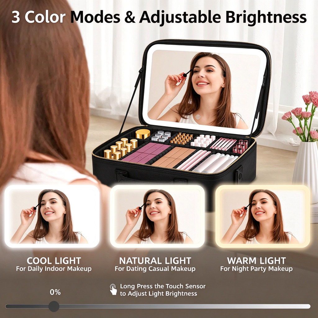 AEELLEEA Lighted Makeup Bag, 3 Color LED Mirror Train Case, Large Capacity Travel Makeup Organizer with Dividers, 15 x 11 x 5 Inch